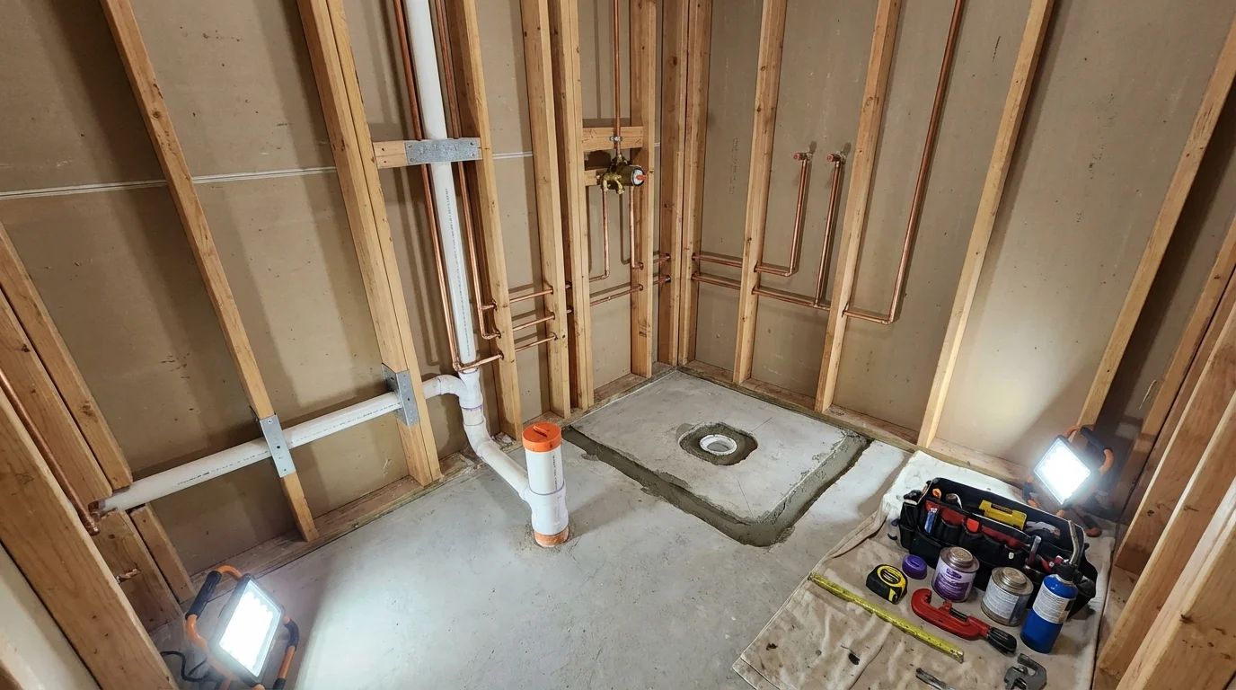 Bathroom rough-in plumbing during remodel by Johns Plumbing LLC in Hughesville