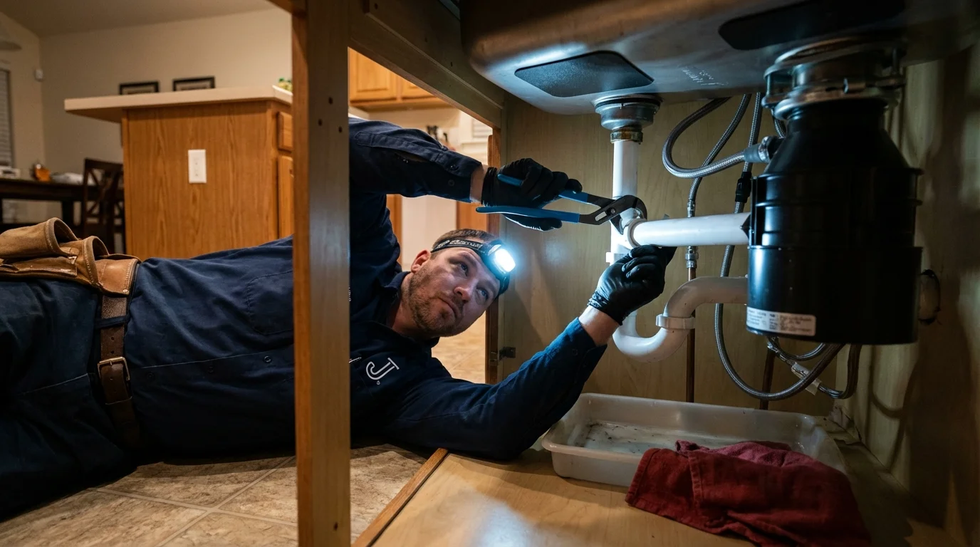 P-trap and supply line connections under a kitchen sink showing a common leak point in Hughesville, PA